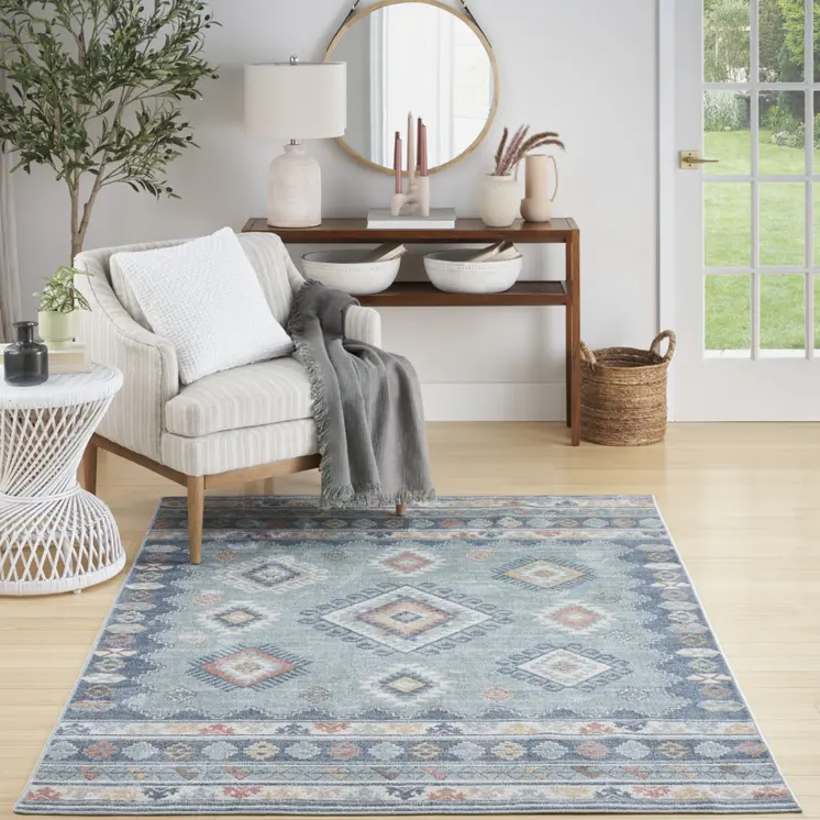 7' X 9' Blue Light Blue and Orange Geometric Flatweave Area Rug