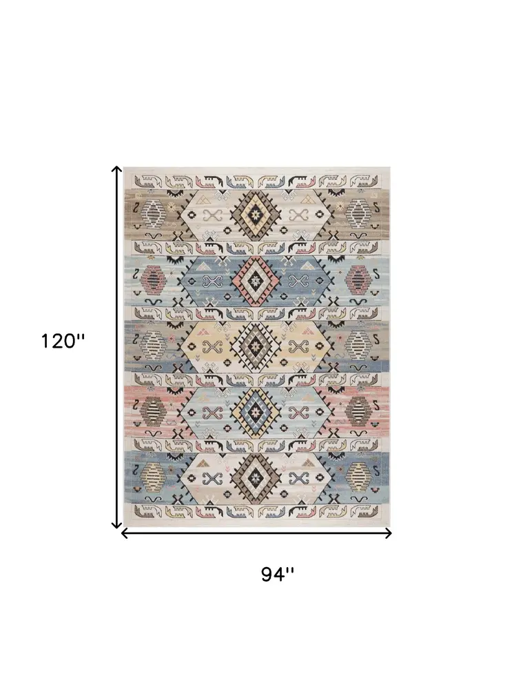 8' X 10' Ivory Tan And Blue Geometric Flatweave Area Rug