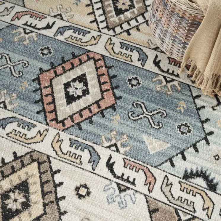 8' X 10' Ivory Tan And Blue Geometric Flatweave Area Rug