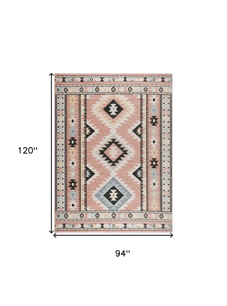 8' X 10' Ivory Pink And Black Geometric Flatweave Area Rug