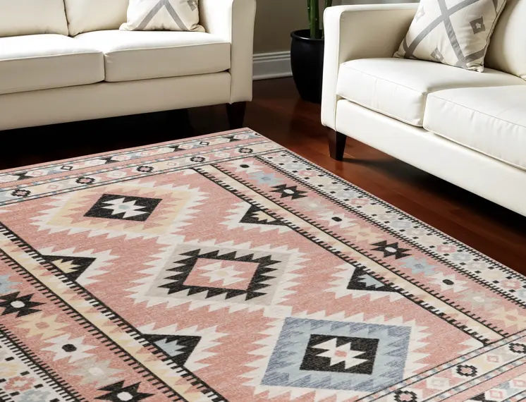 8' X 10' Ivory Pink And Black Geometric Flatweave Area Rug