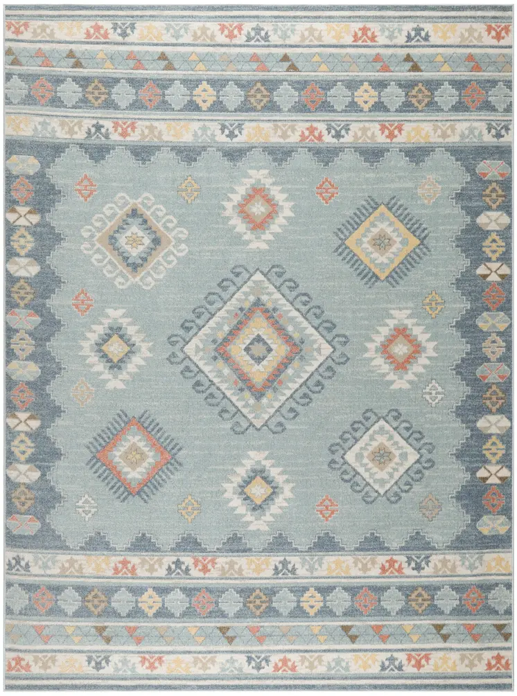 8' X 10' Blue Light Blue and Orange Geometric Flatweave Area Rug