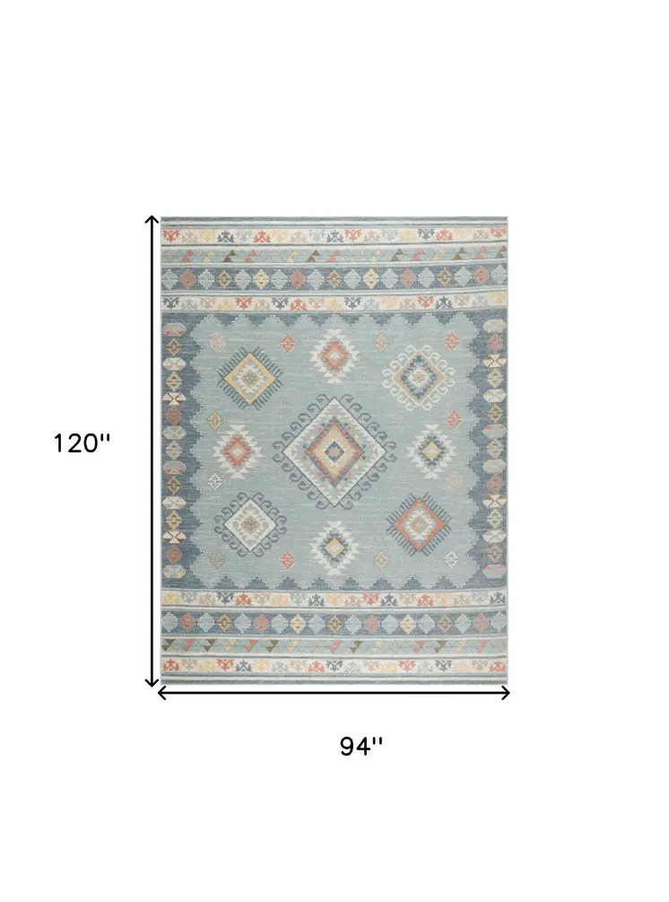 8' X 10' Blue Light Blue and Orange Geometric Flatweave Area Rug