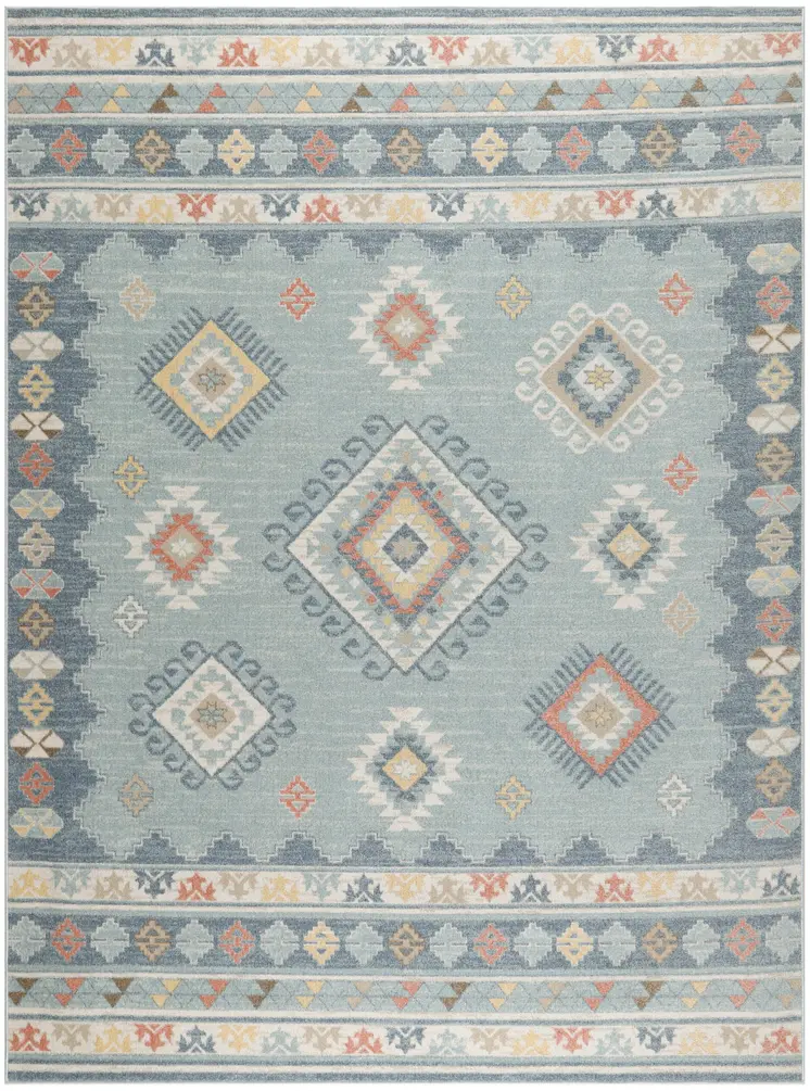 8' X 10' Blue Light Blue and Orange Geometric Flatweave Area Rug