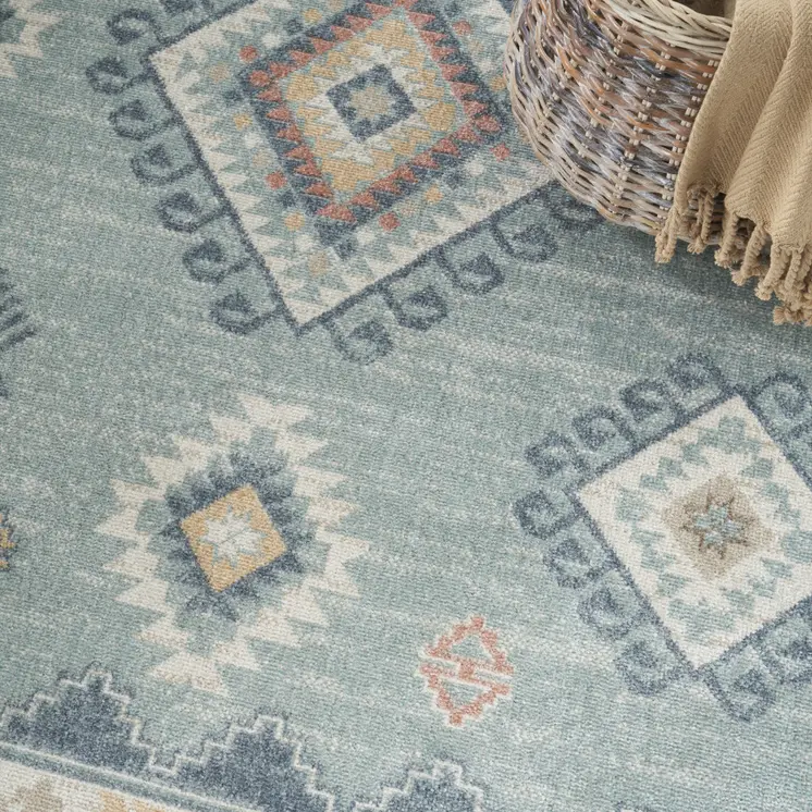8' X 10' Blue Light Blue and Orange Geometric Flatweave Area Rug