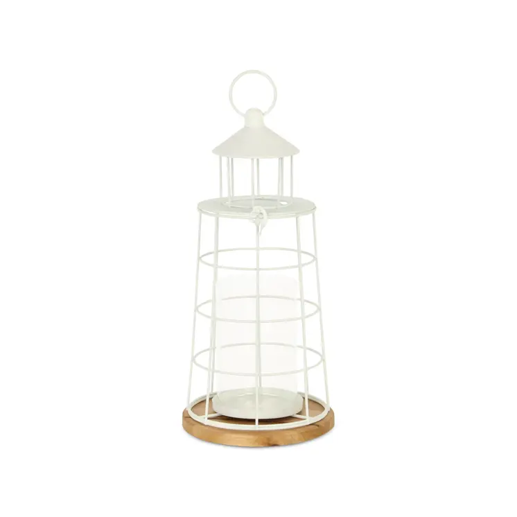 15" White And Natural Metal And Wood Lighthouse Tabletop Lantern Candle Holder