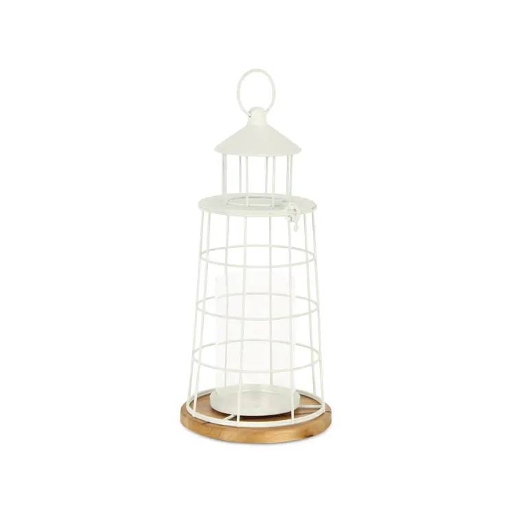 15" White And Natural Metal And Wood Lighthouse Tabletop Lantern Candle Holder