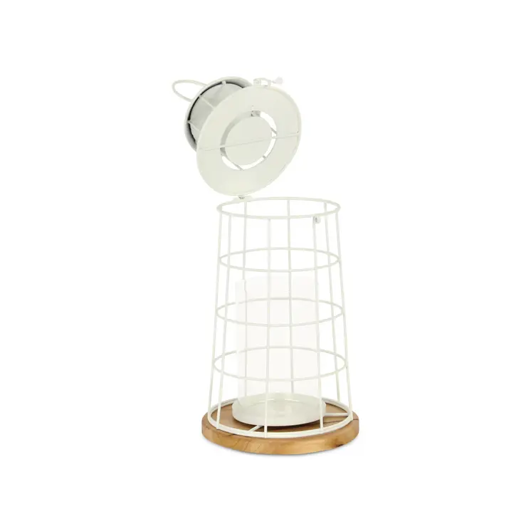 15" White And Natural Metal And Wood Lighthouse Tabletop Lantern Candle Holder