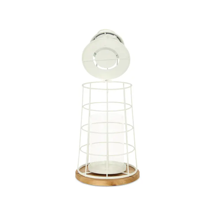 15" White And Natural Metal And Wood Lighthouse Tabletop Lantern Candle Holder