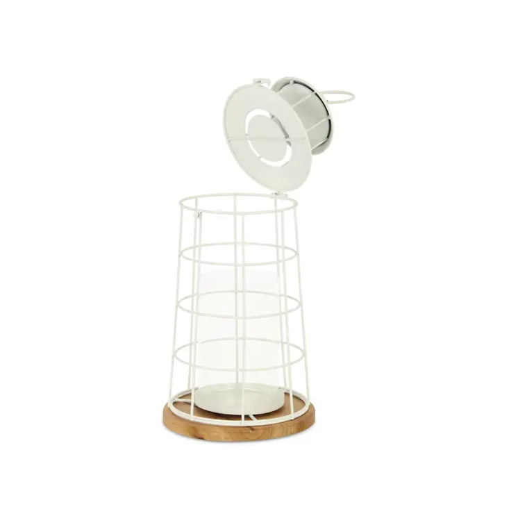 15" White And Natural Metal And Wood Lighthouse Tabletop Lantern Candle Holder