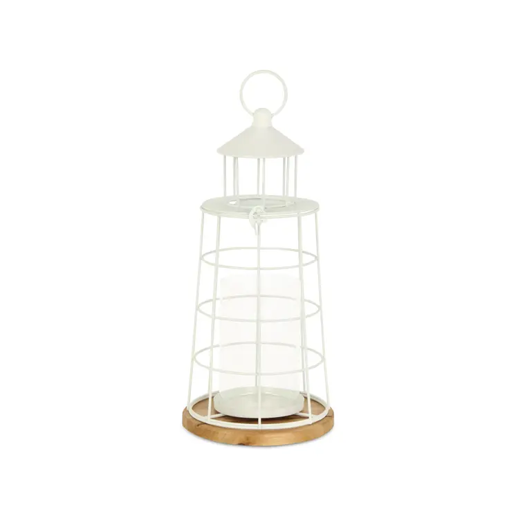 15" White And Natural Metal And Wood Lighthouse Tabletop Lantern Candle Holder