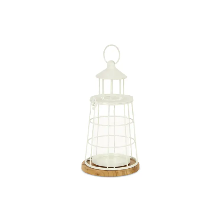 12" White And Natural Metal And Wood Lighthouse Tabletop Lantern Candle Holder