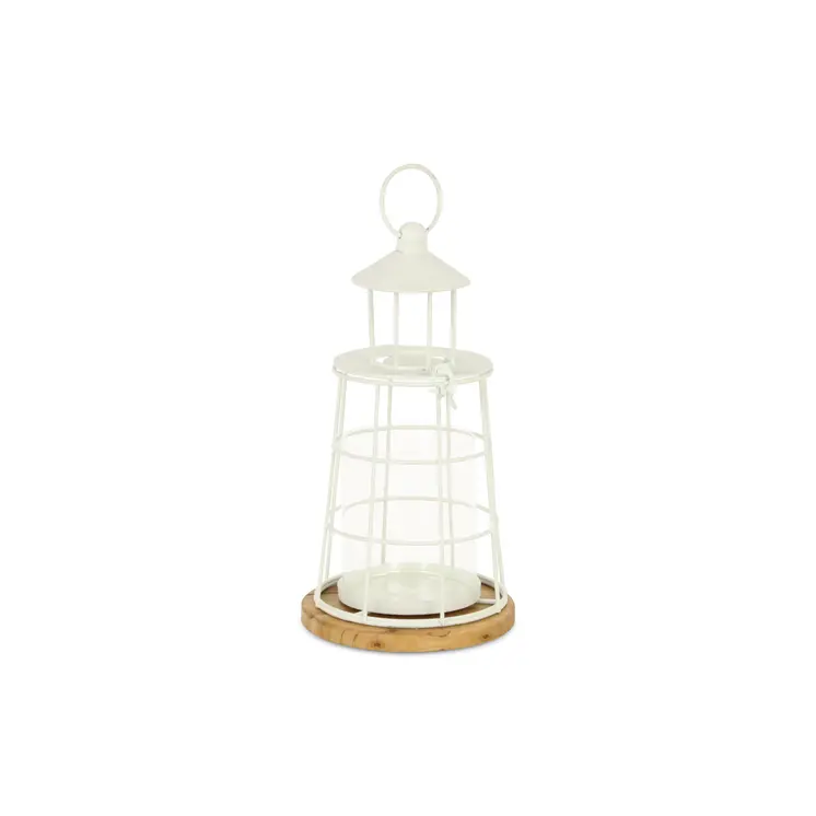 12" White And Natural Metal And Wood Lighthouse Tabletop Lantern Candle Holder