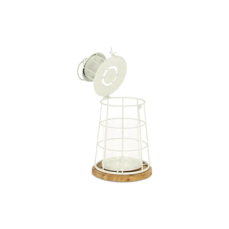 12" White And Natural Metal And Wood Lighthouse Tabletop Lantern Candle Holder