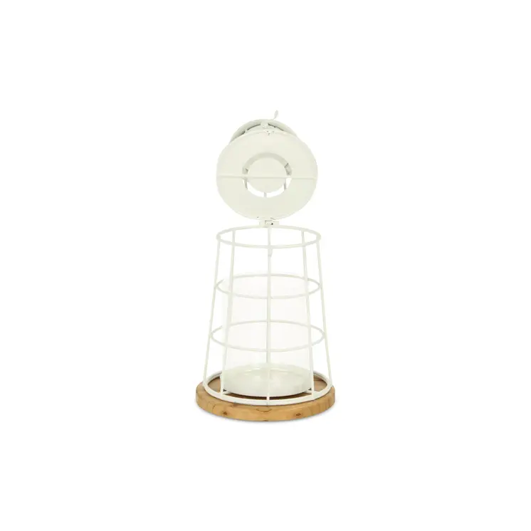 12" White And Natural Metal And Wood Lighthouse Tabletop Lantern Candle Holder