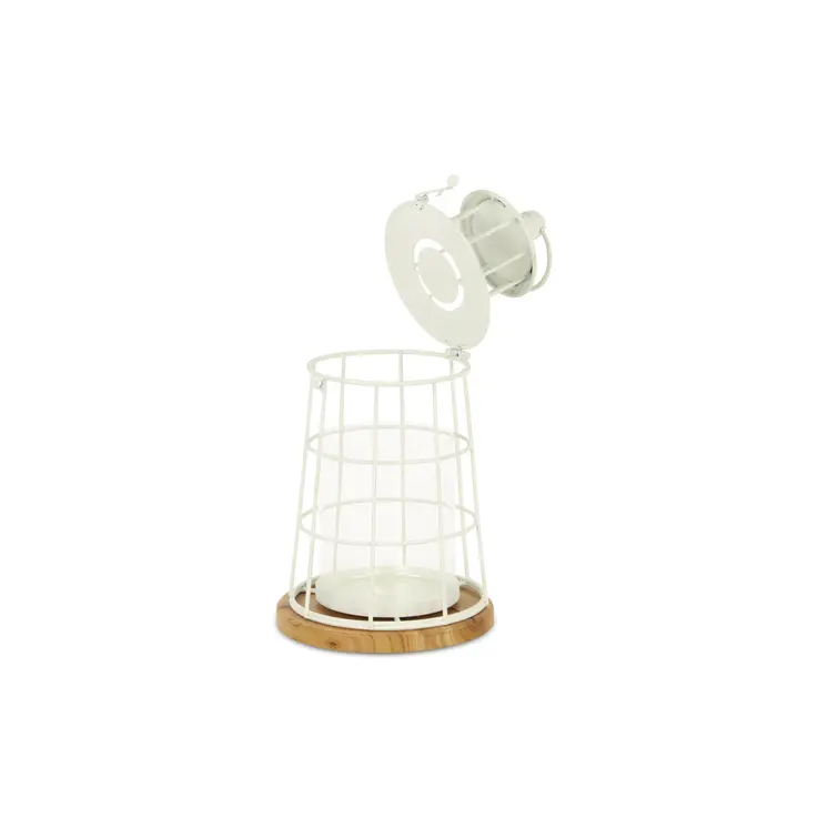 12" White And Natural Metal And Wood Lighthouse Tabletop Lantern Candle Holder