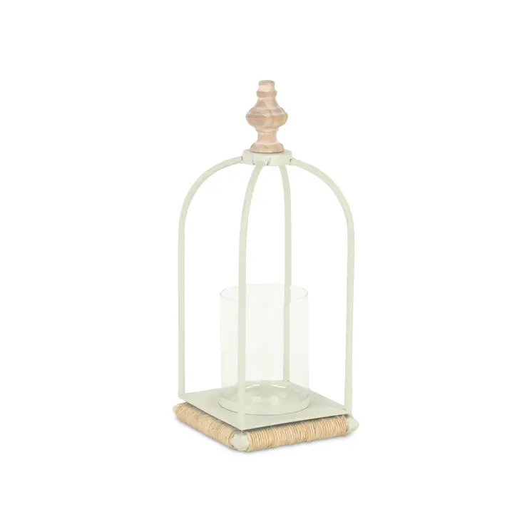 14" White Metal With Wood And Rope Tabletop Lantern Candle Holder
