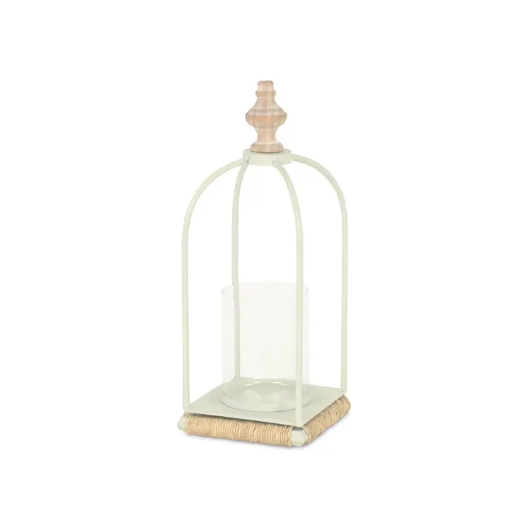 14" White Metal With Wood And Rope Tabletop Lantern Candle Holder