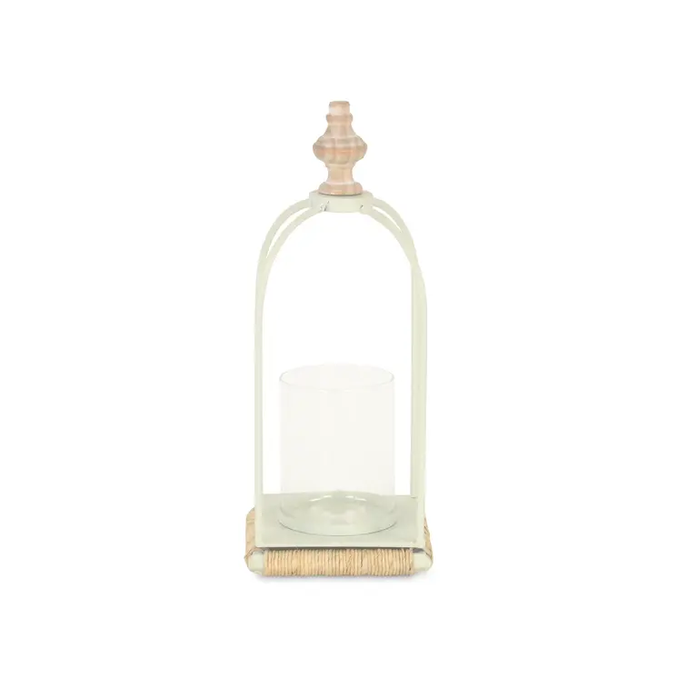 14" White Metal With Wood And Rope Tabletop Lantern Candle Holder
