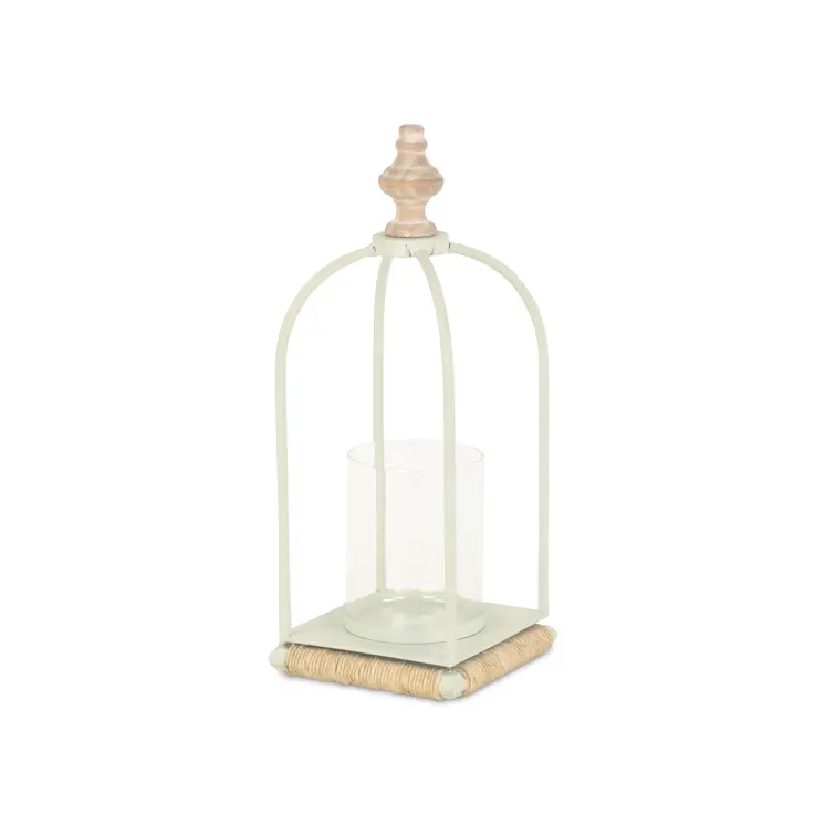 14" White Metal With Wood And Rope Tabletop Lantern Candle Holder