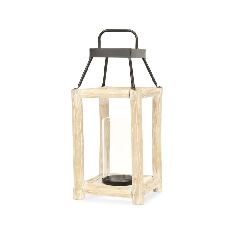 18" Black And Natural Distressed Glass Metal And Wood Tabletop Lantern Candle Holder