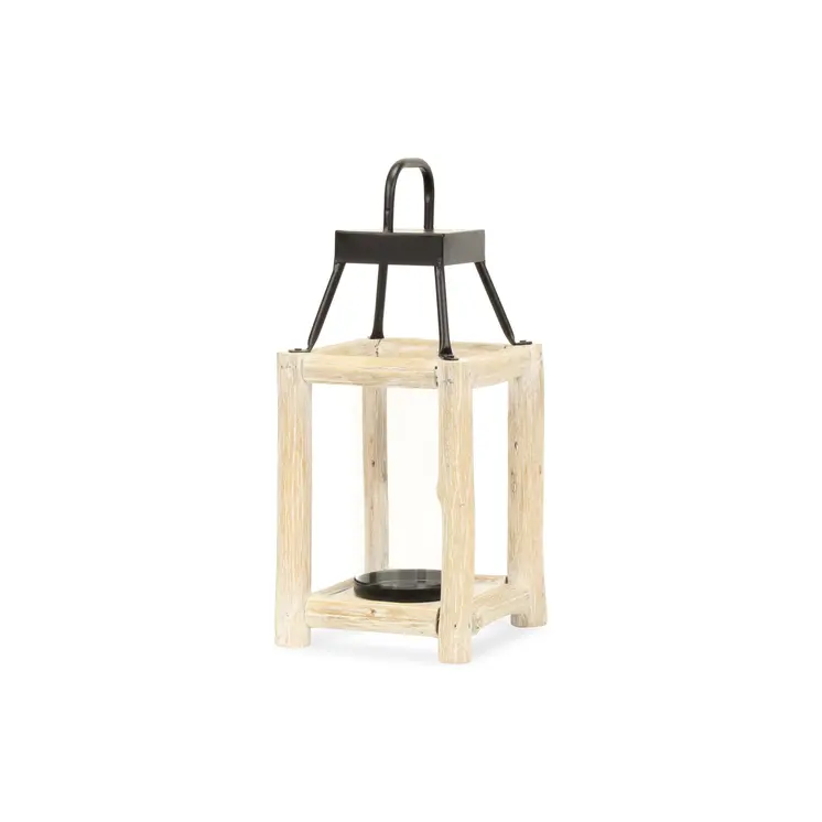 15" Natural And Black Glass Metal And Wood Tabletop Lantern Candle Holder