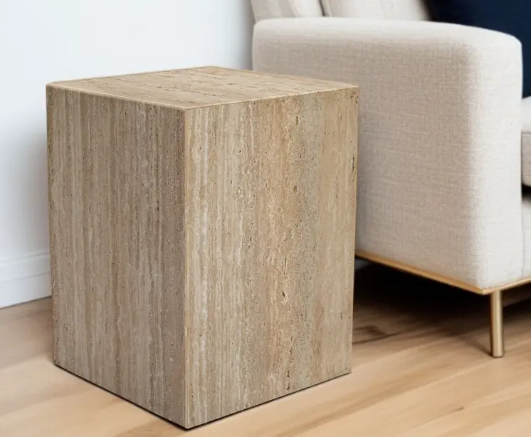 20" Beige Marble Square Block End Table
