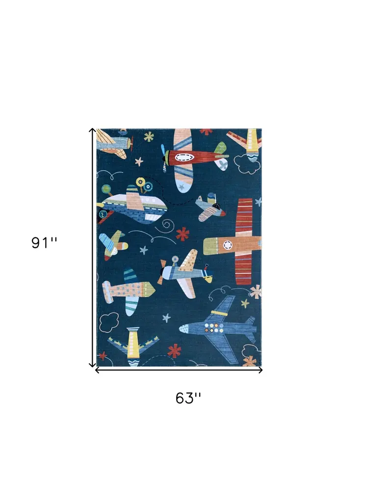 5' X 8' Navy Red and Orange Juvenile Airplanes Youthful Area Rug
