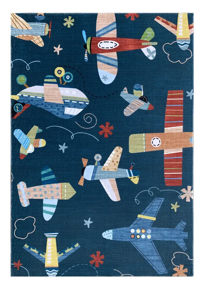7' X 10' Navy Red and Orange Juvenile Airplanes Youthful Area Rug