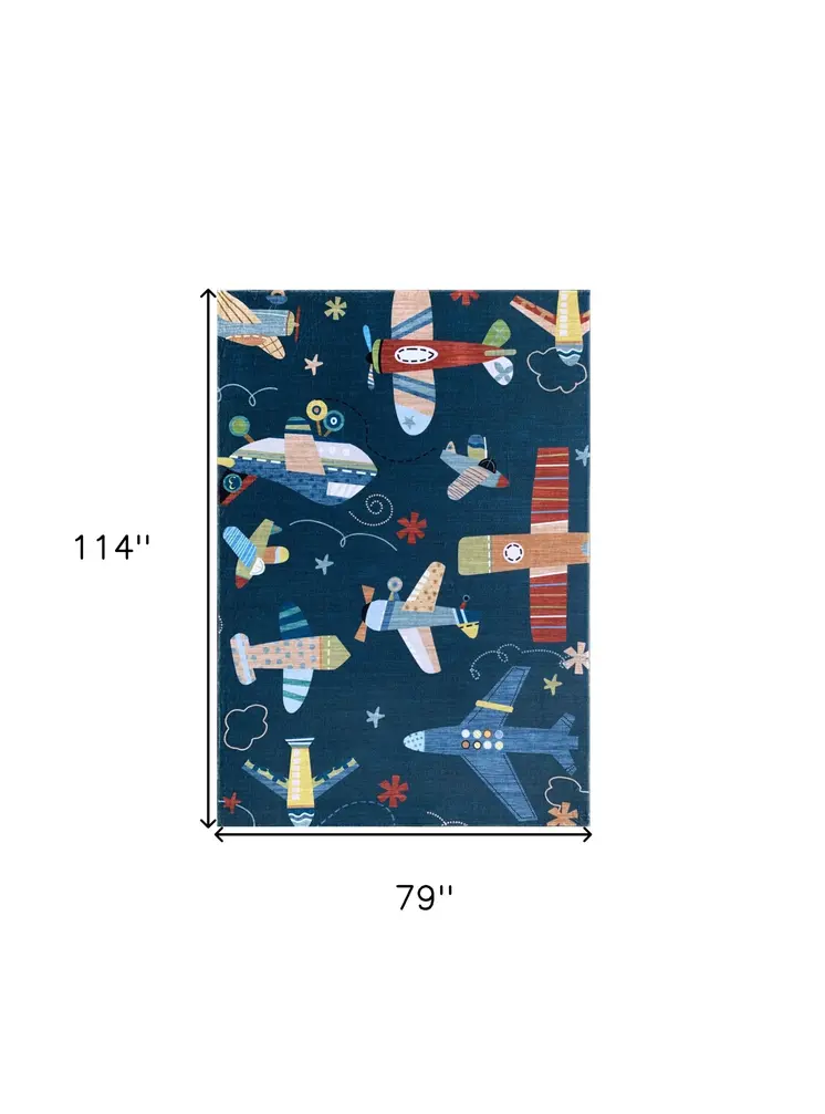 7' X 10' Navy Red and Orange Juvenile Airplanes Youthful Area Rug