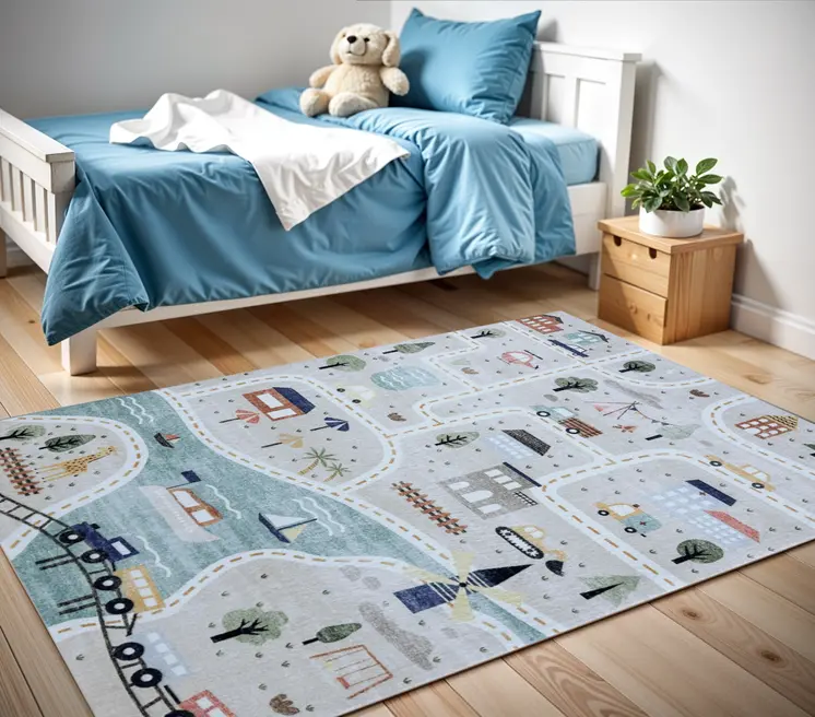 4' X 6' Gray Brown and Blue Juvenile Transportation Youthful Area Rug