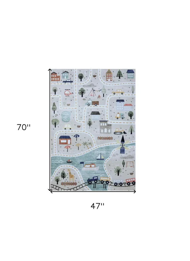 4' X 6' Gray Brown and Blue Juvenile Transportation Youthful Area Rug