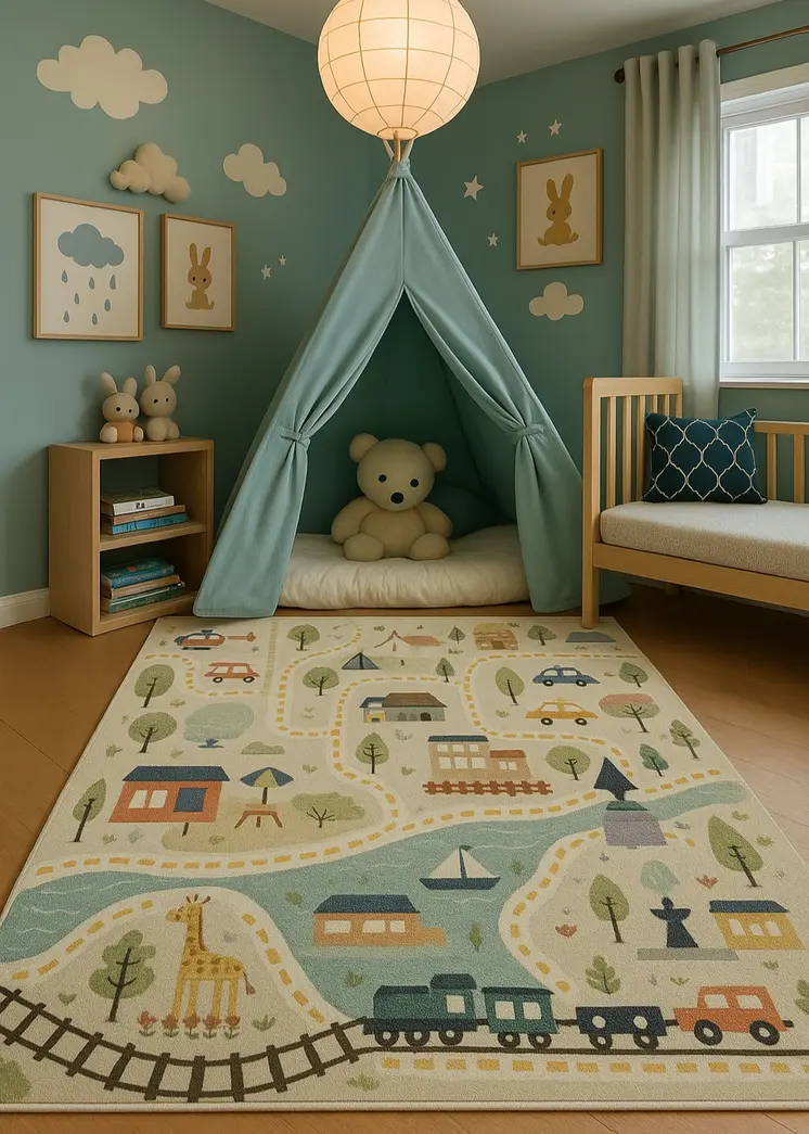 5' X 8' Gray Brown and Blue Juvenile Transportation Youthful Area Rug