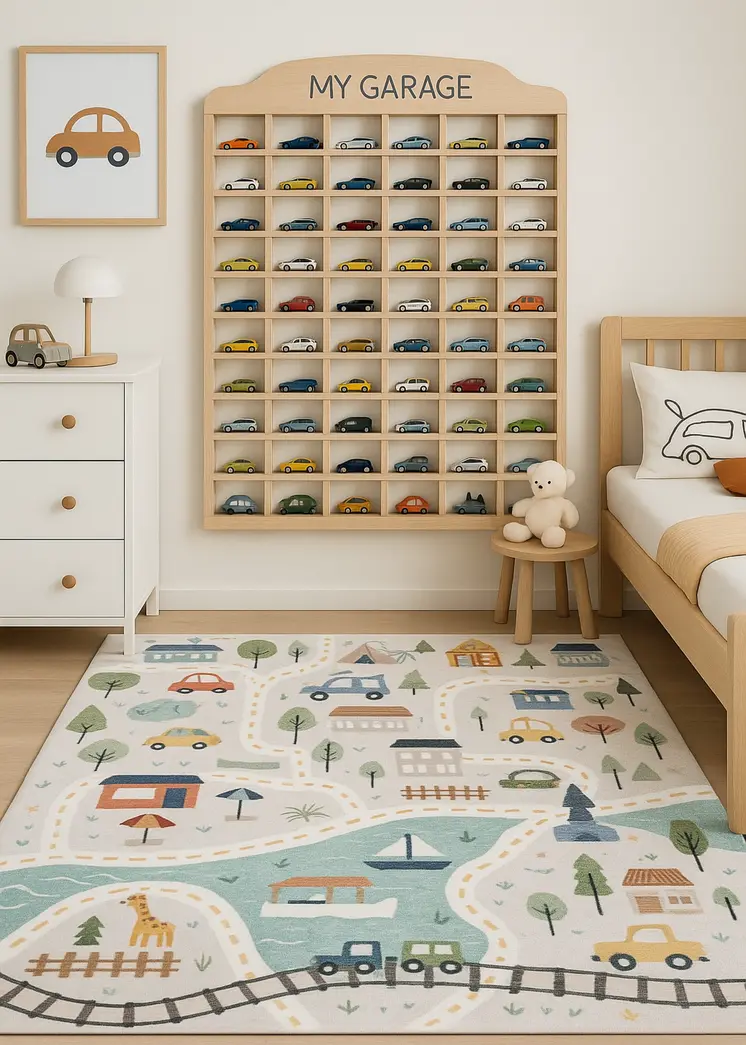 5' X 8' Gray Brown and Blue Juvenile Transportation Youthful Area Rug