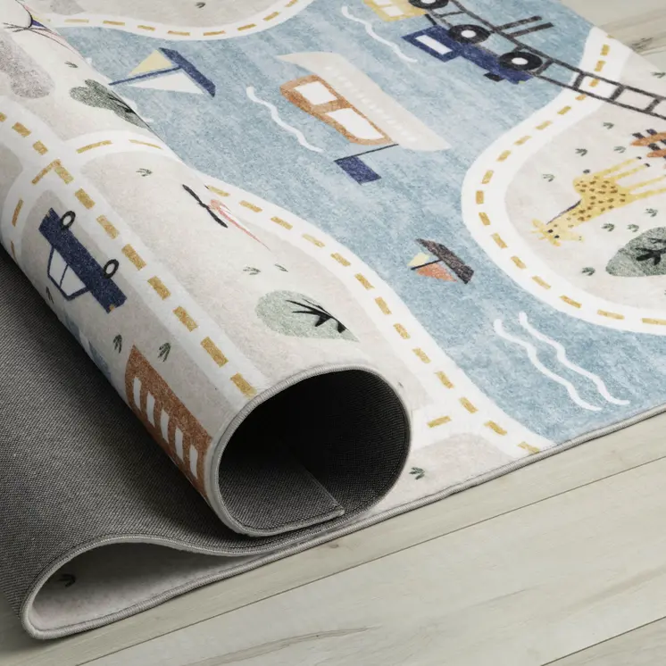 5' X 8' Gray Brown and Blue Juvenile Transportation Youthful Area Rug