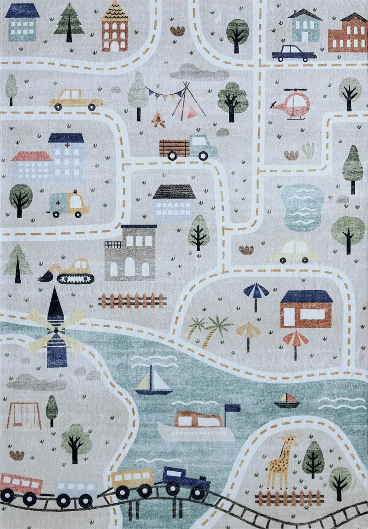 5' X 8' Gray Brown and Blue Juvenile Transportation Youthful Area Rug