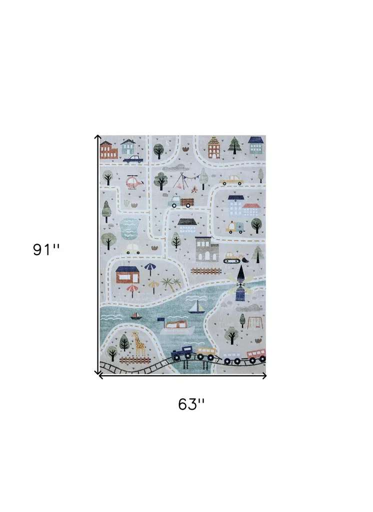 5' X 8' Gray Brown and Blue Juvenile Transportation Youthful Area Rug
