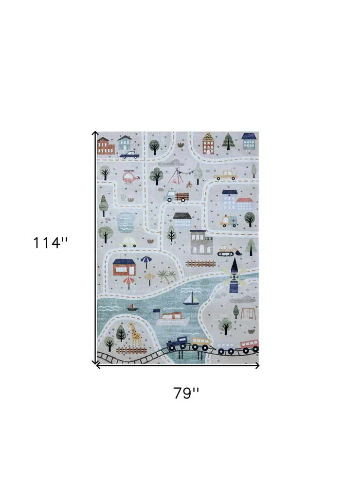 7' X 10' Gray Brown and Blue Juvenile Transportation Youthful Area Rug