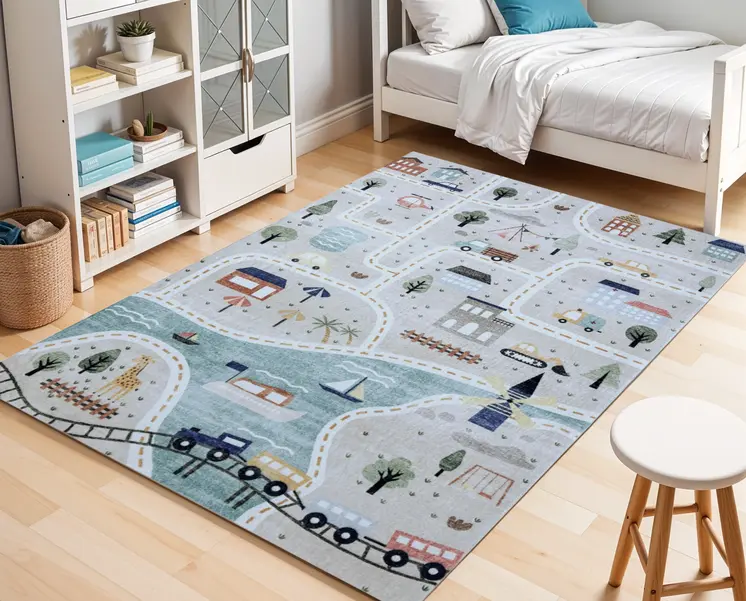7' X 10' Gray Brown and Blue Juvenile Transportation Youthful Area Rug