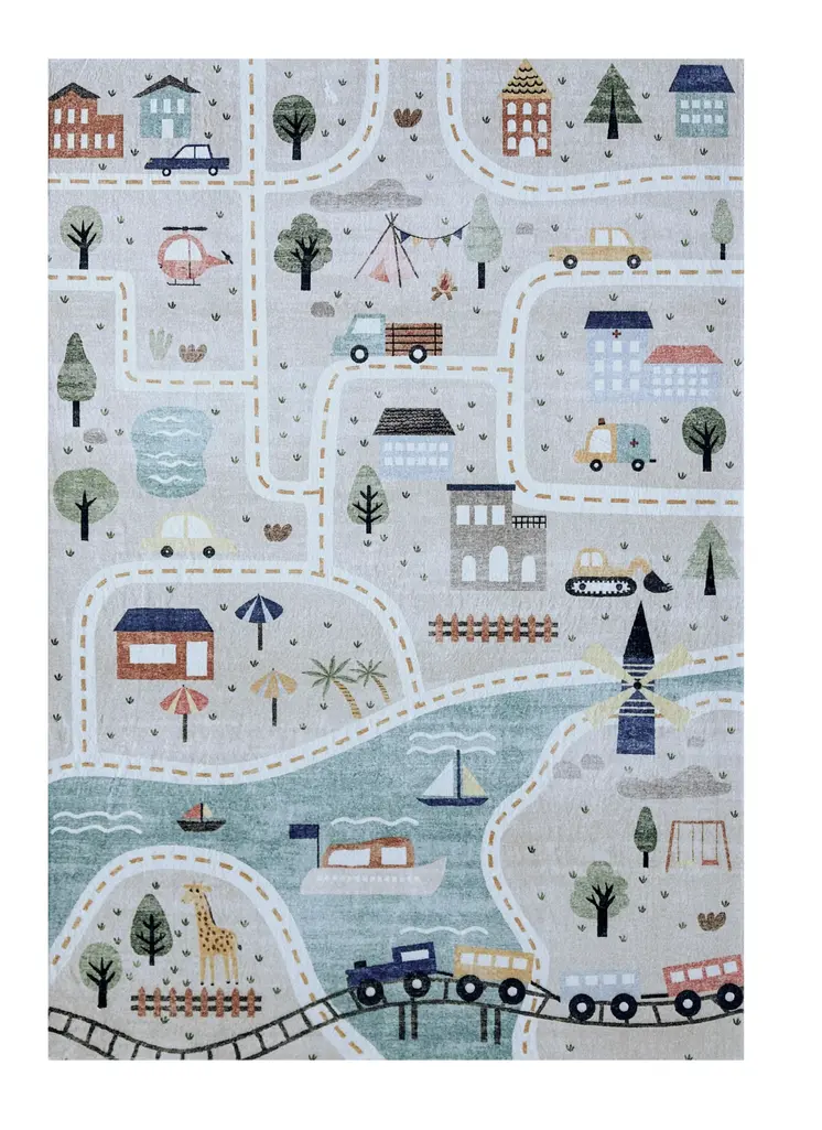 7' X 10' Gray Brown and Blue Juvenile Transportation Youthful Area Rug