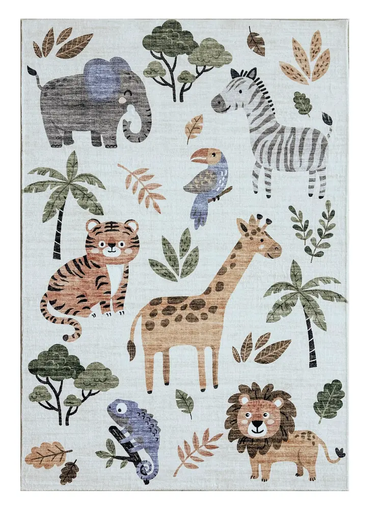 7' X 10' Gray Brown and Green Juvenile Zoo Animals Youthful Area Rug
