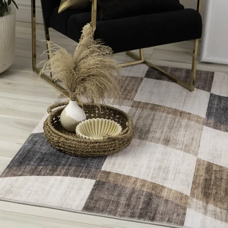 7' X 10' Beige Brown and Gray Checkered Area Rug