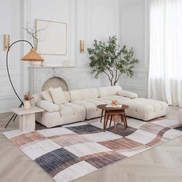 8' X 11' Beige Brown and Gray Checkered Area Rug
