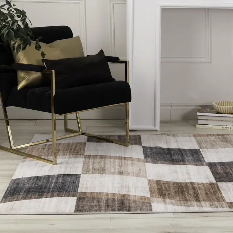 8' X 11' Beige Brown and Gray Checkered Area Rug