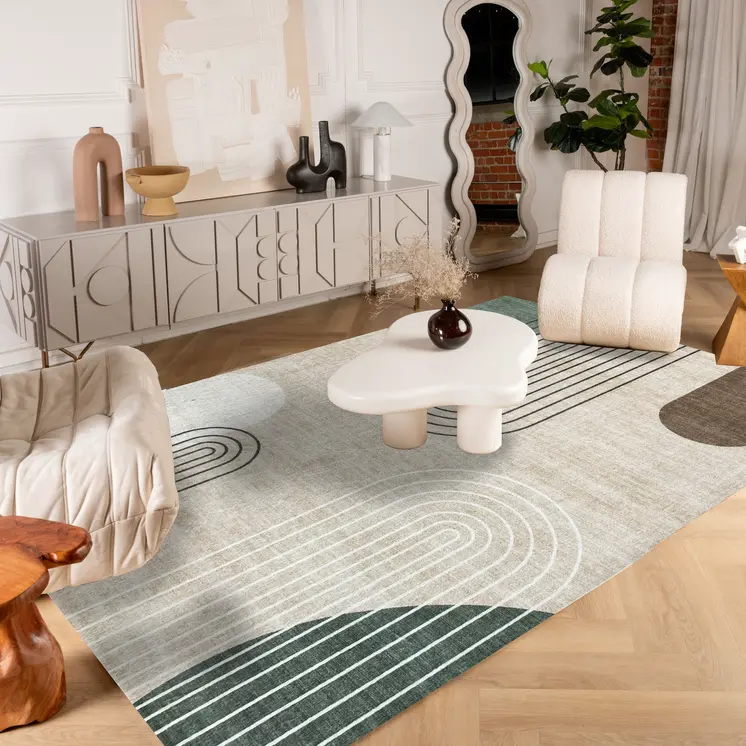 7' X 10' Beige Brown and Green Abstract Area Rug