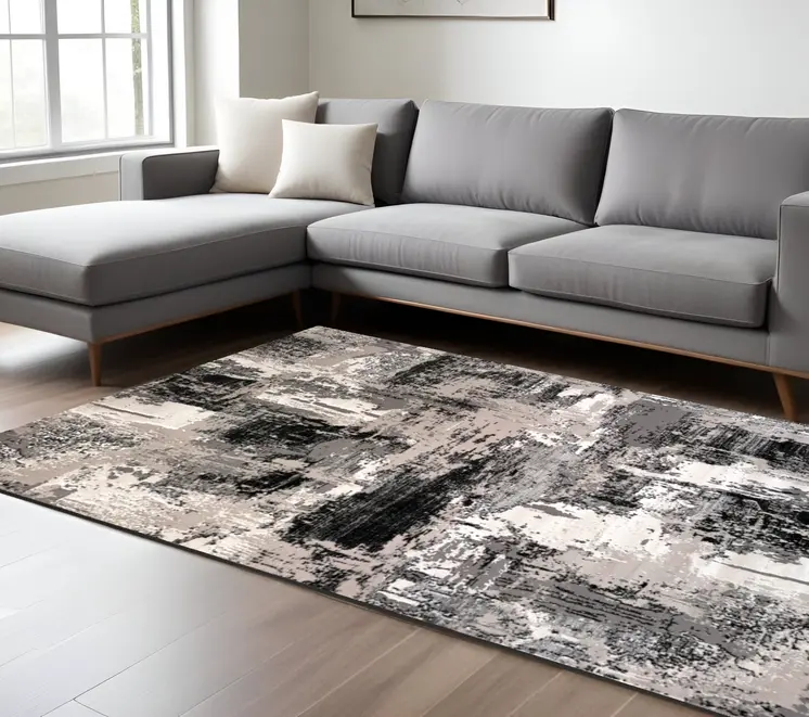 8' X 11' Black Gray and Beige Abstract Area Rug