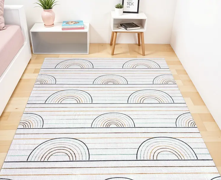 7' X 10' Ivory Blue and Yellow Juvenile Rainbows Youthful Area Rug