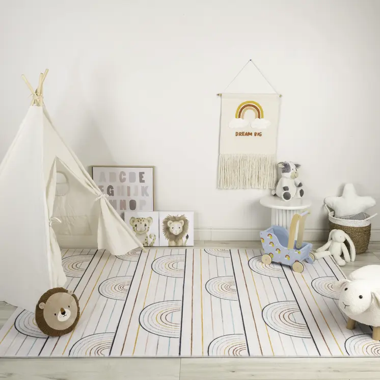 7' X 10' Ivory Blue and Yellow Juvenile Rainbows Youthful Area Rug