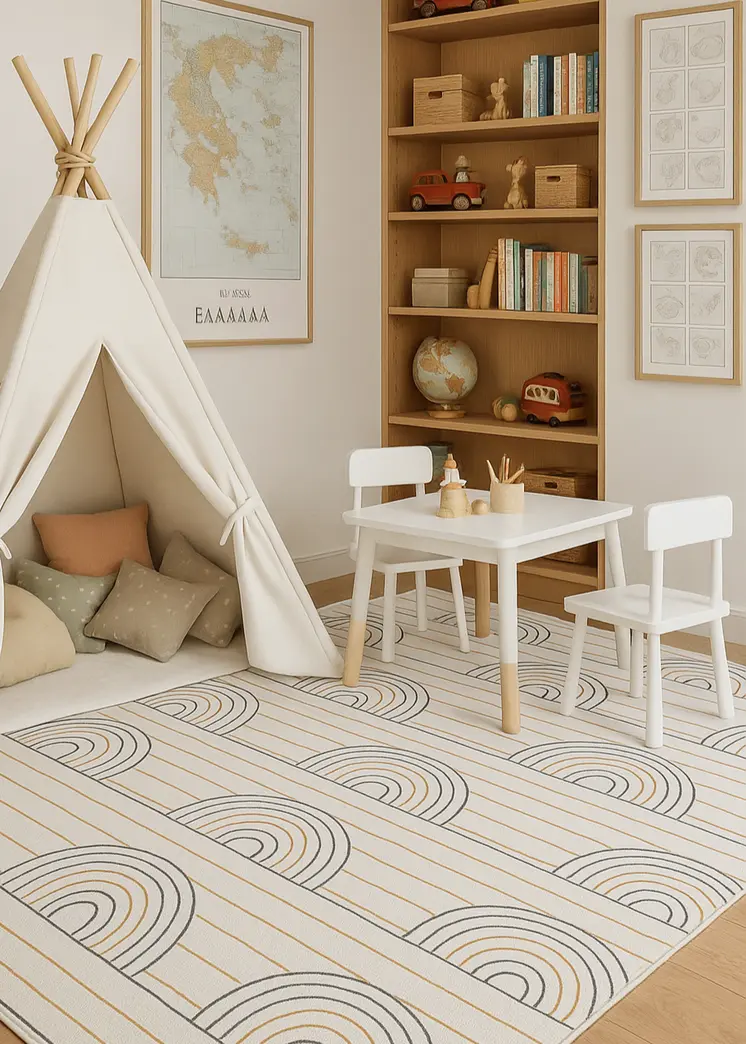 8' X 11' Ivory Blue and Yellow Juvenile Rainbows Youthful Area Rug