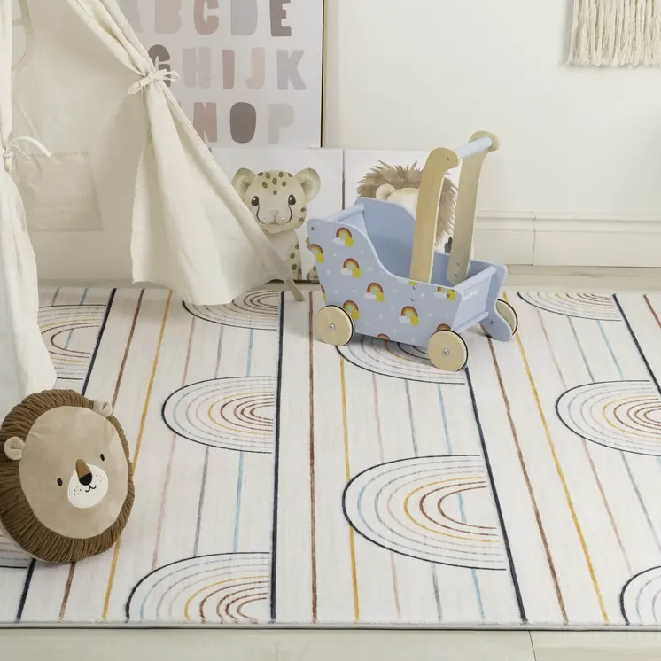 8' X 11' Ivory Blue and Yellow Juvenile Rainbows Youthful Area Rug